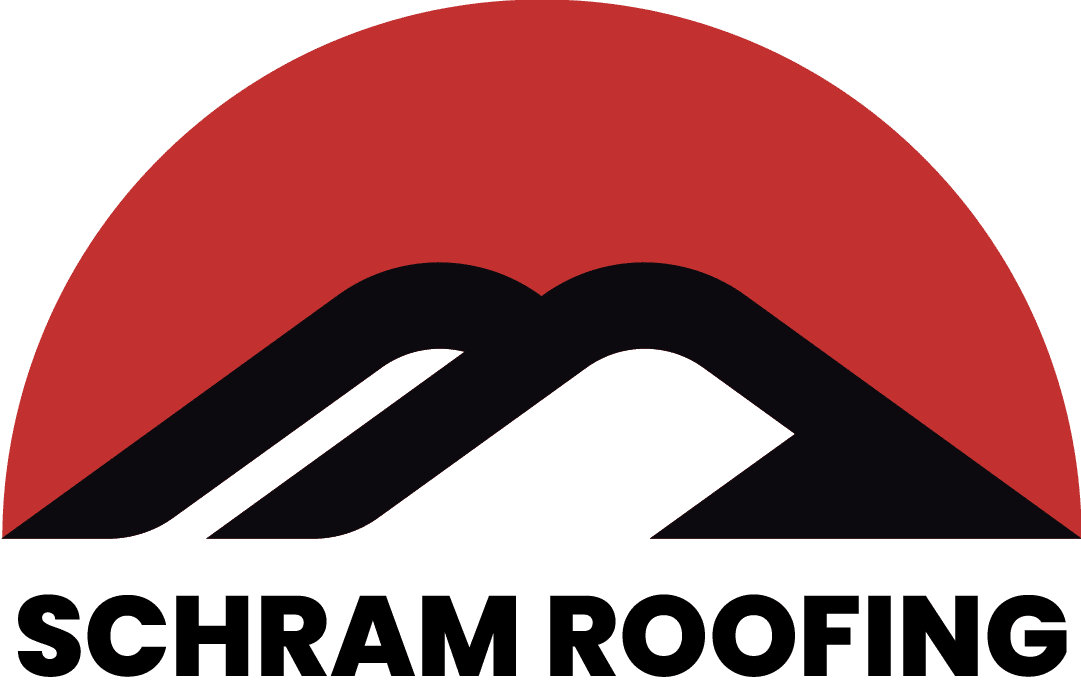 Schram Roofing Logo - Sunset Behind Residential Roofs